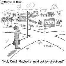 A black and white cartoon illustration of a man standing in front of a signpost with multiple signs pointing in different directions. The signpost is located in a rural area with trees and hills in the background. The man is holding a briefcase and appears to be looking at the signs with a concerned expression on his face. The text above the signpost reads "Holy Cow! Maybe I should ask for directions!"