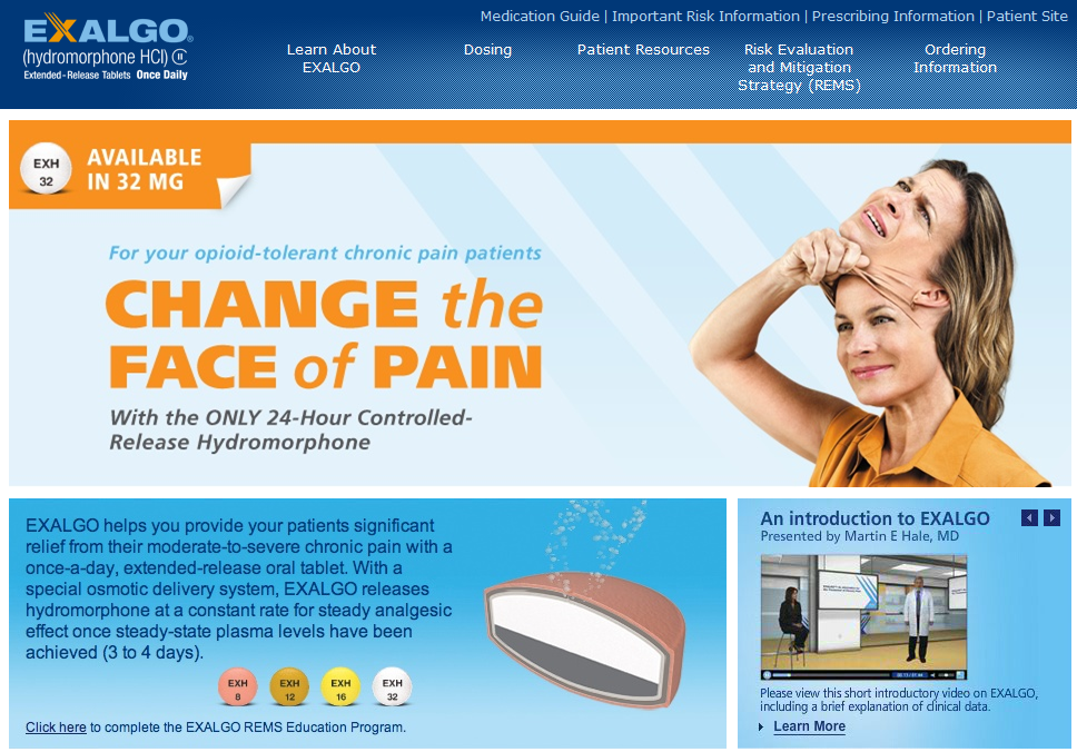 An advertisement for Exalgo a medication that provides pain relief for opioid-tolerant chronic pain patients. The advertisement is divided into two sections. The top section is titled "Available in 32 mg" and has a blue background with white text. Below the title there is an image of a woman with her head in her hands smiling and looking up at the sky. The text on the left side of the image reads "Change the face of pain with the only 24-hour controlled release hydromorphone". <br /><br />The bottom section of the advertisement has a white background with a blue banner at the top that reads "Exalgo Helps you provide your patients significant relief from chronic pain with a special delivery system. EXALGO is a medication that helps to reduce the risk of pain and improve the overall health of the patient.<br /><br />On the right side there are two smaller images of the product one of the woman and the other of a doctor. The woman is wearing a white lab coat and is standing in front of a computer screen. The doctor is holding a clipboard and appears to be explaining the product to the patient while the patient is looking at it with a concerned expression.