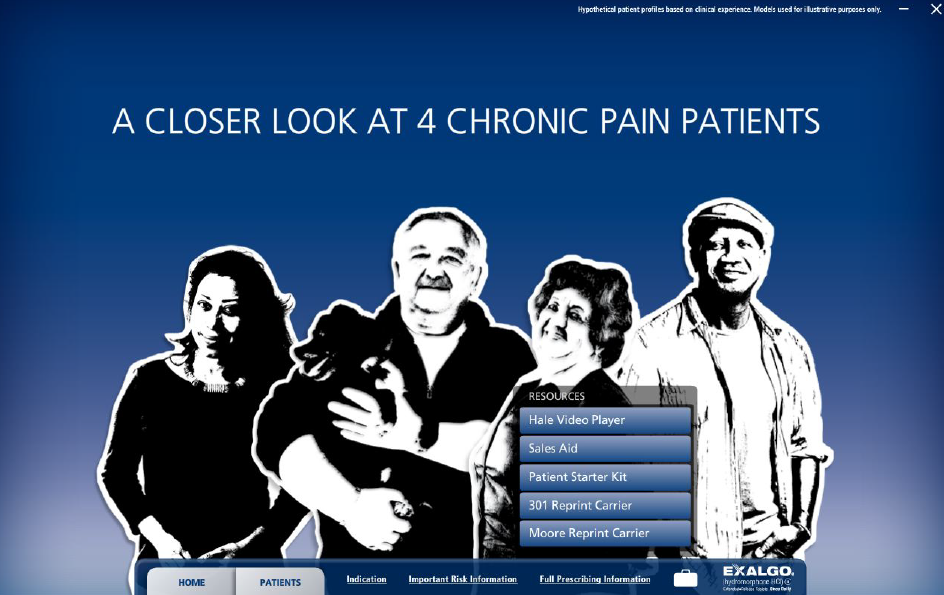 A digital illustration of four people two men and two women standing together and smiling at the camera. The background is blue and the text "A closer look at 4 chronic pain patients" is written in white at the top of the image. Below the text there is a menu bar with options such as "Home" "Patients" "Options" and "Options". The image appears to be a screenshot of a website or app that provides information about chronic pain treatment options.