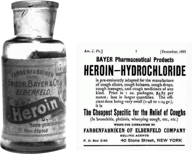 A black and white photograph of a bottle of Bayer Pharmaceutical Products Heroin-Hydrochloride. The bottle is made of glass and has a label on it that reads "Frieder Bayer & Co. Elberfeld Heroin". The label also mentions that the product is pre-eminently adapted for the manufacture of cough drops. The text on the right side of the image states that it is the cheapest specific for the relief of coughs in bronchitis phthalates whooping cough etc. The company's name is "Farbenfabrikken of Elbertfeld Company" and the company's address is "40 Stone Street New York."