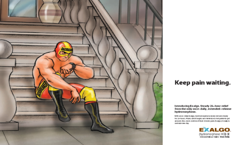 A cartoon illustration of a man sitting on the stairs of a house. He is wearing a red and yellow costume with a mask covering his face and body. He has a muscular physique and is sitting with his legs crossed and his hands resting on his knees. The stairs are made of stone and have a railing on one side. There are two large vases on either side of the stairs. The background is a gray wall with a window and a plant. The text on the image reads "Keep pain waiting."