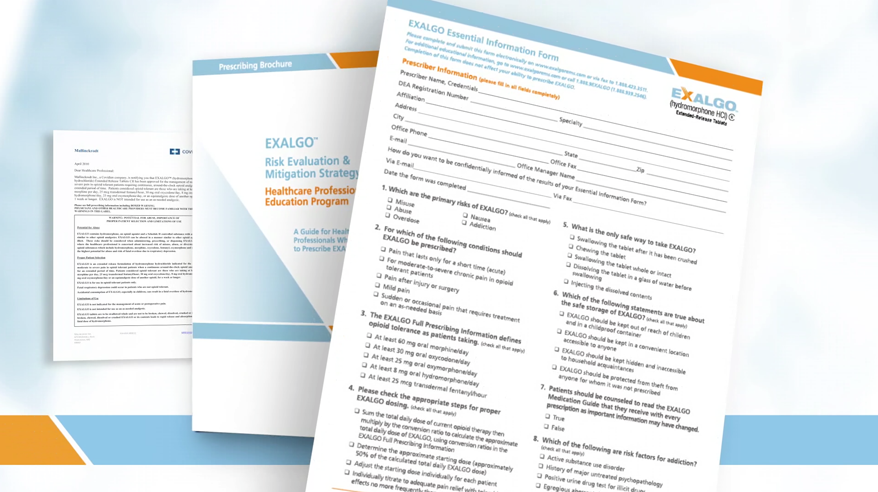 Three pages of a document titled "Exalgo Risk Evaluation & Mitigation Strategy Education Program". The document is divided into three sections. The first page is titled "Presenting Brochure" and has a blue and orange color scheme. The second page has the title of the document in bold white text. The third page has a list of questions and answers in black text. <br /><br />The document appears to be a form or a checklist for a risk evaluation and mitigation strategy education program. The questions are written in a clear and concise manner and the answers are in a smaller font size. The background of the image is a light blue color with a gradient effect.