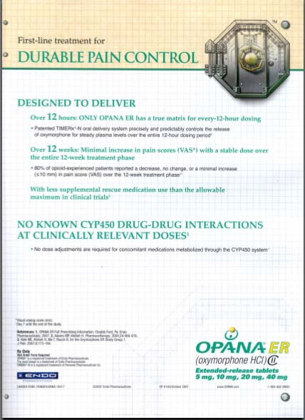 A document titled "First-line treatment for Durable Pain Control". The document is divided into two sections. The top section is titled "Designed to Deliver" and has an illustration of a shield with a lock on it. Below the shield there is text that explains that the product is designed to deliver over 12 hours only and has a true matrix for every-12-hour dosing.<br /><br />The bottom section of the document has a list of no known CYP450 drug-drug interactions at clinically relevant doses. The text explains that over 12 weeks of continuous treatment increases in pain scores (VAS) with a stable dose over the entire 12-week period. There is also a note that says "With less supplemental rescue medication use than the allowable maximum in clinical trials".<br /><br />At the bottom of the page there are two logos one for Opana ER and the other for Oxymorphone HCI (Extended-release HCI). The company's logo is also visible in the bottom right corner.