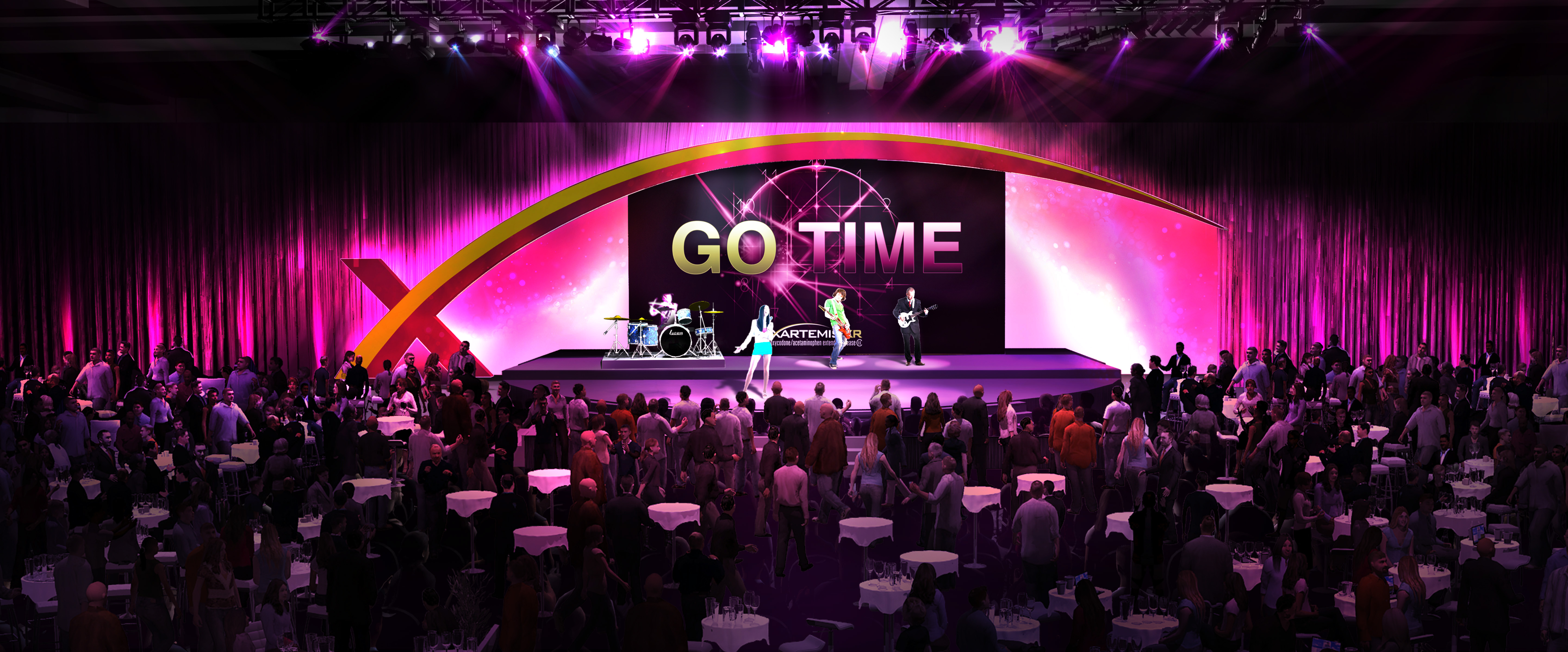 A large stage set up for a concert or event. The stage is decorated with a pink and purple gradient background and a large banner that reads "GO TIME" in bold white letters. On the stage there are three musicians playing their instruments - a saxophone a trumpet and a drum set. The musicians are dressed in colorful outfits and are standing in front of a large crowd of people who are seated at tables and chairs. The audience is visible in the foreground and the stage is lit up with purple and pink lights. The overall atmosphere of the image is lively and energetic.