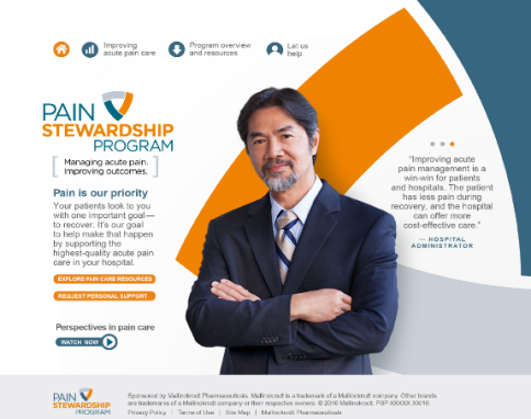 An advertisement for the Pain Stewardship Program. It features a man in a suit and tie standing with his arms crossed in front of a white background. The man has a serious expression on his face and is looking directly at the camera.<br /><br />On the left side of the image there is a blue banner with the program's logo and contact information. Below the banner there are bullet points that explain the program. The first bullet point reads "Managing acute pain improving outcomes. Pain is our priority." The second bullet point explains that the program is focused on improving the overall health and well-being of patients with acute pain. The third bullet point mentions that it is a program that helps people with pain to improve their health and wellbeing. The fourth bullet point emphasizes the importance of understanding the patient's health and how it can help them cope with pain.