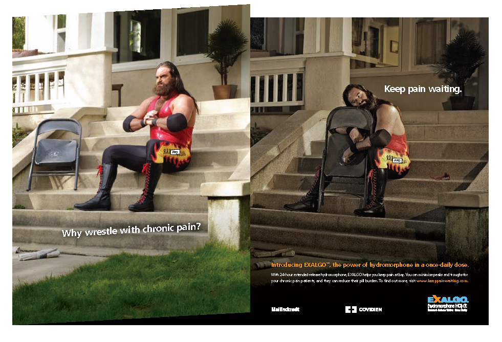 A collage of two photographs. On the left side there is a man sitting on the steps of a house with a serious expression on his face. He is wearing a red and yellow wrestling outfit with black boots and has long hair and a beard. He appears to be deep in thought with his hands resting on his knees and his eyes closed. The background shows a white house with columns and a balcony.<br /><br />On the right side of the image there are two photographs of the same man one sitting on a black chair and the other on the ground. The man is holding a sign that reads "Keep pain waiting." The text on the image reads "Why wrestle with chronic pain?"