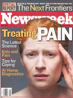 The cover of a magazine titled "The Next Frontiers Newsweek". The cover features a close-up of a man's face with red hair holding his head in pain. The man appears to be in distress with his eyes closed and his mouth slightly open. The background is white and the title of the magazine is written in bold black letters at the top of the cover. Below the title there is a subtitle that reads "Treating Pain: The Latest Science Kids and Pain Tips for Coping at-Home Diagnostics". The magazine's logo is also visible in the bottom right corner.