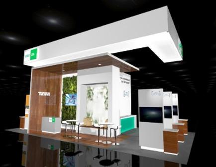 A 3D rendering of a trade show booth. The booth is white with a wooden panel on the left side and a green and white sign on the right side. The sign reads "tea" in bold letters. The booth has a modern design with a curved roof and a large window on the front. There are several tables and chairs in front of the booth as well as a large screen on the wall. The floor is made of wood and there is a reflection of the booths on the floor. In the background there are trees and plants suggesting that the booth is located in a natural environment. The overall color scheme of the image is white green and brown.
