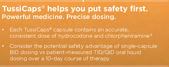 A slide from a presentation about TussiCaps. The slide has an orange background with white text. The title of the slide reads "TussiCaps helps you Put Safety First. Powerful medicine. Precise dosing." Below the title there are three bullet points that explain the benefits of the product.<br /><br />The first bullet point explains that each Tuscans capsule contains an accurate consistent dose of hydrocodone and chlorpheniramine. The second bullet point discusses the potential safety advantage of single-capsule BID dosing vs patient-measured TID/QID oral liquid dosing over a 10-day course of therapy. The third bullet point mentions that the product can be used to reduce the risk of dosing.