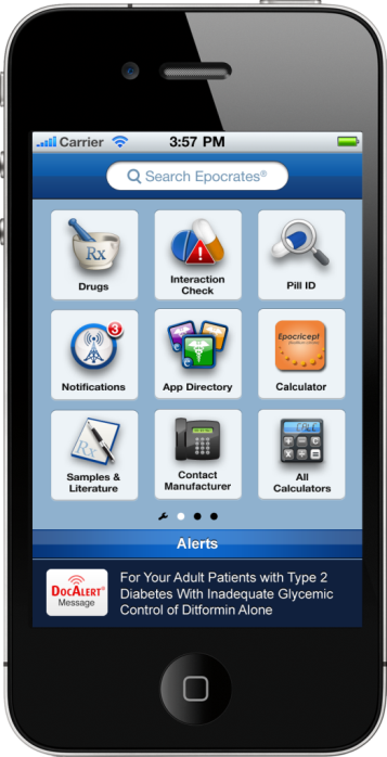 A screenshot of an iPhone app called "Search Epocrates". The app is displayed on the screen of the phone. The app has a blue and white color scheme and the top of the screen has a search bar with the time "3:57 PM" at the top. Below the search bar there is a menu bar with various app icons such as "Drugs" "Interaction Check" "Pill ID" "Notifications" "App Directory" "Calculator" "Samples & Literature" "Contact" "Manufacturer" and "All Calculators". <br /><br />At the bottom of the app there are several alerts for adult patients with Type 2 Diabetes with Inadequate Glycemic Control of Diffirmin Alone. The alerts are displayed in white text on a blue background.