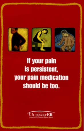 A graphic design with a red background and a yellow border. In the center of the image there are three illustrations of a man in different poses. The man is standing with his back to the viewer with his hands on his hips and his head tilted downwards. He appears to be in pain or discomfort.<br /><br />On the left side of the illustration there is a man with his head in his hands and on the right side he is sitting on a chair with his eyes closed and his hands resting on his knees. He is wearing a striped shirt and has a concerned expression on his face. The illustration is accompanied by text that reads "If your pain is persistent your pain medication should be too."<br /><br />The text is written in white and is in a bold font. The overall design is simple and minimalistic with a focus on the man and the illustrations.