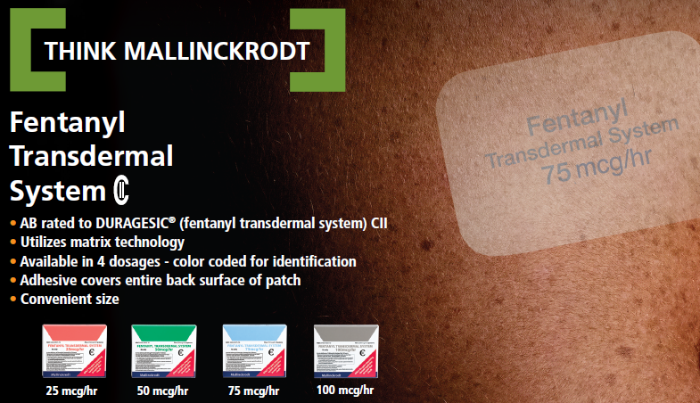 An advertisement for a product called "Fentanyl Transdermal System C". The background of the image is a close-up of a person's skin and the product is shown on the right side. The product is a rectangular patch with a beige color and a label that reads "75 mcg/hr". Below the label there is a description of the product which states that it is an AB rated to DURAGESIC (fentanyl transdermal system) CII which is available in 4 dosages - color coded for identification. The label also mentions that the product covers entire back surface of patch and is convenient size. There are also four different colors of the patches - red blue green and white - which are likely used to identify the product.