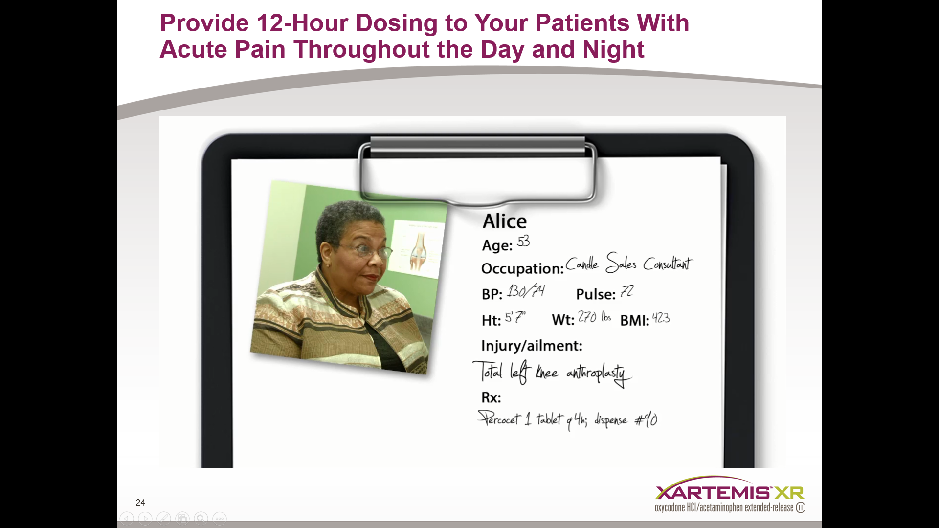 A slide from a presentation titled "Provide 12-Hour Dosing to Your Patients With Acute Pain Throughout the Day and Night". The slide has a white background with a black border. On the left side of the slide there is a photo of a woman with short black hair and glasses. She is wearing a striped shirt and appears to be in her late 60s or early 70s. <br /><br />On the right side there are three bullet points written in black text. The bullet points are:<br /><br />- Alice Age: 53<br />- Occupation: Cute Sales Consultant<br />- Pulses<br />- Injury/Injury: BMI<br />- Total left hand injury<br />- Rx<br /><br />The slide also has a title at the top that reads "XARTEMIS XR" and a logo at the bottom right corner.