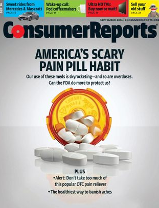 The cover of Consumer Reports magazine from September 2014. The cover features an illustration of a pile of white pills spilling out of an open prescription bottle. The pills are scattered around the bottle with some of them spilling out onto the surface. The background is white and the text on the cover reads "America's scary pain pill habit. Our use of these meds is skyrocketing-and so are overdoses. Can the FDA do more to protect us?" and "Alert: Don't take too much of this popular OTC pain reliever. The healthiest way to banish aches." The magazine's logo is also visible in the top left corner.