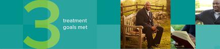 A collage of three photos. On the left side of the image there is a green number 3 with the text "treatment goals met" written in white. The number 3 is in a bold font and is centered on the image. The background is a light blue color. The first photo on the top right corner is a close-up of a man sitting on a wooden bench in a park or garden. He is wearing a suit and tie and is smiling at the camera. The second photo in the middle is of another man sitting in a chair and smiling. The third photo is of a person sitting on the ground and holding a book. The man in the center is bald and appears to be in his late 40s or early 50s. He has a serious expression on his face.