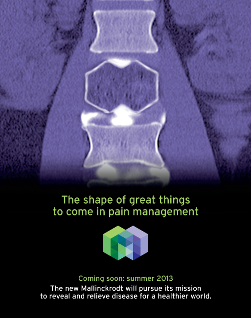 A digital illustration of a spine with a purple background. The spine appears to be in pain management as indicated by the text at the bottom of the image which reads "Coming soon: summer 2013. The new Mallinckrodt will pursue its mission to reveal and relieve disease for a healthier world." The image also has a logo of a green cube in the bottom right corner. The text is written in white and is in a modern sans-serif font.