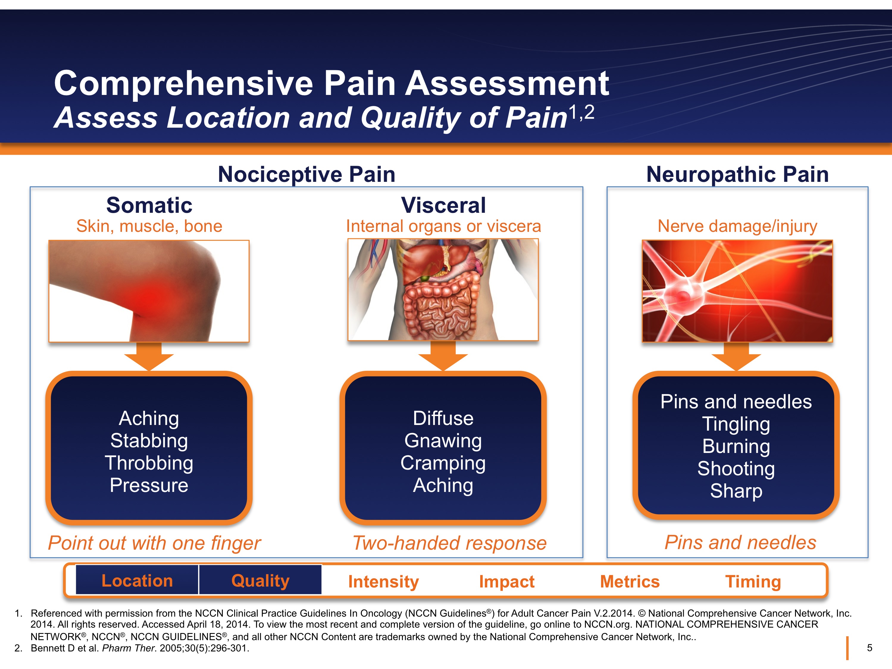 An infographic that provides comprehensive pain assessment and assess location and quality of pain. It is divided into three sections.<br /><br />The first section is titled "Comprehensive Pain Assessment Assess Location and Quality of Pain 1.2". It has a blue background with white text. The title is written in large bold font at the top of the page. Below the title there is a title that reads "Somatic Skin Muscle Bone".<br /><br />On the left side of the image there are three images that show the different types of pain that can be assessed. The first image shows a person's skin muscle bone and nerve damage/injury. The second image shows the internal organs of the human body. The third image shows an illustration of the nervous system. The fourth image shows two-handed response points and needles. The fifth image shows pins and needles that are used to help with the pain. The sixth image shows how the pain can affect the overall health and wellbeing of the person.