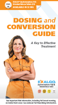 The cover of a book titled "Dosing and Conversion Guide: A Key to Effective Treatment". The cover features a photo of a woman with long blonde hair wearing an orange shirt standing with her arms crossed and smiling at the camera. The title of the book is written in bold white letters at the top of the cover. Below the title there is a subtitle in smaller black letters that reads "Exalgo" and "Available in 32 mg". At the bottom there are logos for Exalgo a company that provides information about the book.