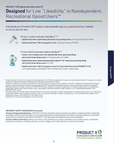 A document titled "Designed for Low "Likeability" in independent Recreational Opioid Users". The document is divided into three sections. The first section is titled "Clinical Abuse Potential (cap) studies conducted with rigorous opioid extraction methods to reduce particle size". The second section has a list of clinical abuse potential studies conducted by the FDA. The third section has an illustration of a bottle of pills and a magnifying glass. The text on the document explains that the study is focused on reducing particle size and that it is designed to reduce the risk of low-likeability of recreational opioid users. The document also mentions that the FDA is responsible for ensuring that the user is aware of the potential risks associated with the study.