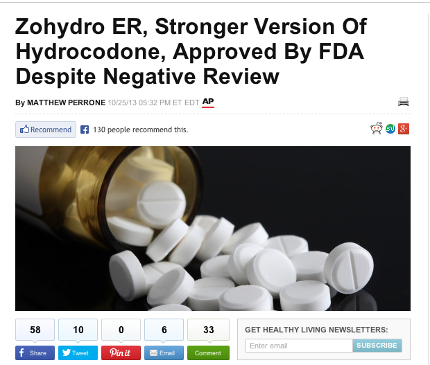 A screenshot of a news article titled "Zohydro ER Stronger Version Of Hydrocodone Approved By FDA Despite Negative Review". The article is written by Matthew Perrone and is published by the FDA. The image shows a close-up of a pill bottle with white pills spilling out of it. The pills are scattered on a black surface. At the bottom of the image there is a button that says "Get Healthy Living Newsletter" and a link to subscribe to the article.