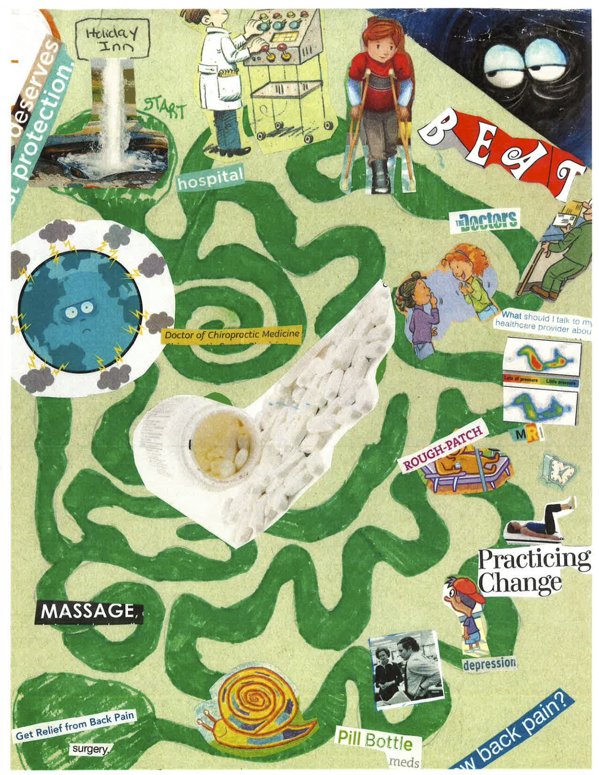 An illustration of a map of a hospital with various medical facilities and activities. The map is divided into different sections each with a different illustration and text. <br /><br />The top left section of the map shows a hospital room with a patient standing in front of it. The patient is wearing a red shirt and holding a stethoscope and appears to be in pain. Next to the patient there is a sign that reads "Peat" and a cartoon character with a speech bubble saying "Practicing Change". The top right section shows a group of people including a doctor a nurse and a patient with a bandage on their arm.<br /><br />In the center of the image there are several illustrations of different types of medical equipment such as a thermometer a syringe a pill bottle and an inhaler. The background of the illustration is green and there are also illustrations of a snake and a snail on the map. The text on the image reads "Massage" "Pill Bottle" and "Back pain".