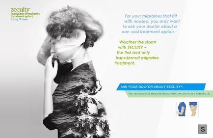 A black and white photograph of a woman with her head in her hands. She appears to be in distress with her eyes closed and her mouth slightly open. The background is blurred but it seems like she is in a state of distress. On the right side of the image there is text that reads "For your migraines that hit with nausea you may want to ask your doctor about a non-oral treatment option. Weather the storm with security - the first and only transdermal migraine treatment." Below the text there are two icons - one for "Ask Your Doctor About security" and the other for "security".