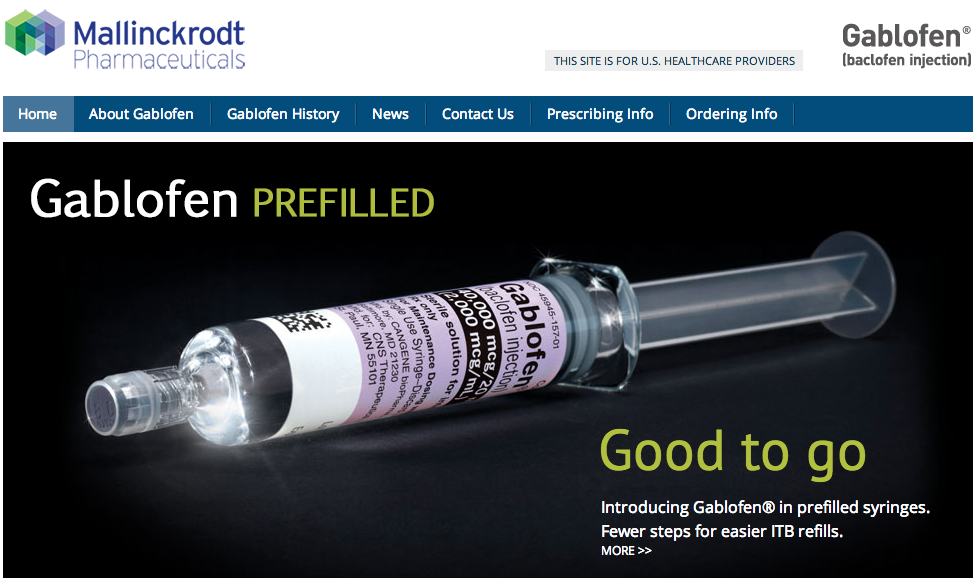 A screenshot of the homepage of Mallinckrodt Pharmaceuticals. The page has a blue header with the company's logo and contact information. Below the header there is a photo of a syringe with a label that reads "Gablofen Prefilled". The syringe is filled with a clear liquid and has a needle at the end. The label also has a barcode and some text on it. The background of the page is black. On the right side of the image there are two buttons - "Good to go" and "Introducing Gablofen in prefilled syringes. Fewer steps for easier ITB refills. More."