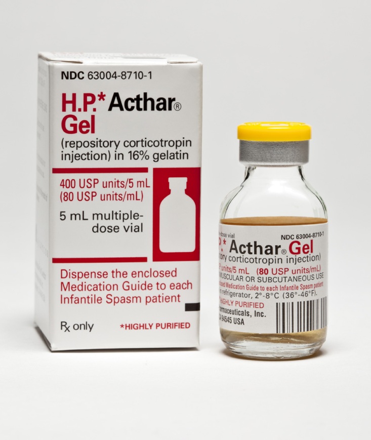 A white box with the text "NDC 63004-8710-1 H.P. Acthar Gel" printed on it. Next to the box there is a small glass vial with a yellow cap. The vial is filled with a clear liquid and has a label that reads "Dispense the enclosed medication guide to each infantile spasm patient". The label also mentions that the vial contains 400 USP units/5 mL (80 USP unit/ml) and 5 mL multiple dose vial. The box also has a barcode and the words "Highly Purified" printed in black. The background is plain white.