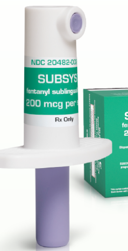 A white tube with a purple cap and a green box. The tube is labeled "NDC 204882-002 SUBSSYS Fentanyl Sublingual 200 mcg per Rx Only". The box is rectangular in shape and has the same label as the tube. The label also has the brand name and product name written in bold black letters. The background is plain white.