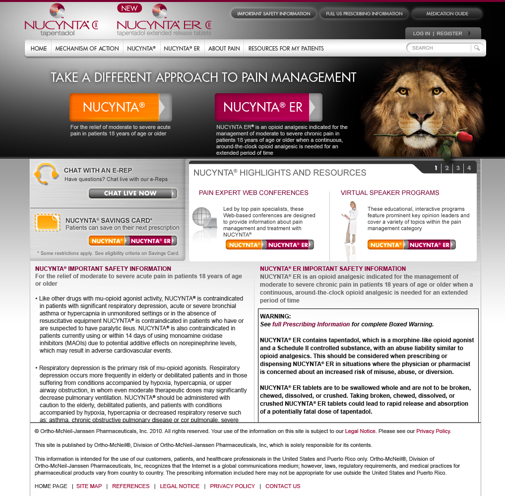 A screenshot of the homepage of a website for "NUCYNTA ER". The website has a red and white color scheme with a large image of a lion on the top right corner. Below the image there is a banner that reads "Take a different approach to pain management" in bold black text. <br /><br />On the left side of the page there are three sections with information about the website's services. The first section is titled "Chat with an ER" and has a brief description of the services offered by the company. The second section has a link to the website and a description of its features. The third section has an image of the company's logo and a brief explanation of its services.<br /><br />At the bottom of the webpage there has a navigation bar with links to different sections such as "Home" "About" "Contact" and "About Us". There is also a section for users to contact the website for more information. The overall design of the website is modern and professional with a clean and clean layout.