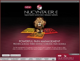 A screenshot of the homepage of a website called NUCYNTA ER. The website has a dark red background with a large image of a lion in the center. The lion is standing on a red carpet with the words "Powerful Pain Management" written above it. Below the lion there is text that reads "Proven across three distinct chronic pain models" in white letters. The text below the lion reads "For the management of moderate to severe chronic pain in patients 10 years of age or older when a condition and the risk of chronic pain is needed for an extended period of time." <br /><br />At the top of the page there are two buttons - "New" and "New". On the left side of the image the website's logo is displayed in white and on the right side the company's name is written in red letters. At the bottom of the screen there has a navigation bar with various options such as "Home" "About" "Contact" and "About Us".