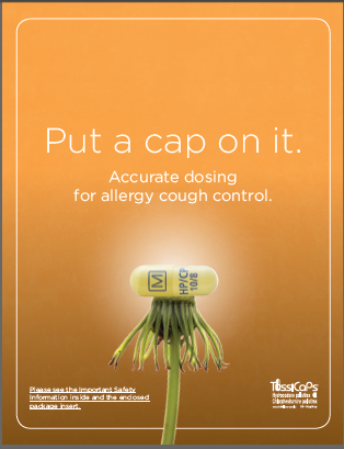 An advertisement with the tagline "Put a cap on it. Accurate dosing for allergy cough control." The background is a solid orange color and the text is written in white. In the center of the image there is a small yellow pill with a green stem and leaves. The pill has a blue and white logo on it which appears to be a pill with the letter "S" on it and the word "Cough" written in a cursive font. Below the pill there are two lines of text that read "Please see the information about the pill and its benefits." The overall design of the advertisement is simple and minimalistic.