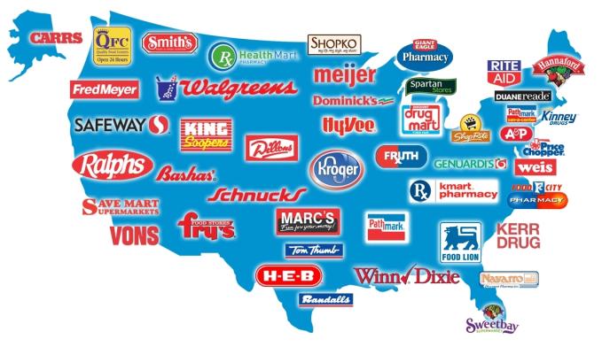 A map of the United States of America with various logos of various brands and brands scattered across the country. The logos are arranged in a grid-like pattern with each logo representing a different brand or brand. The colors of the logos vary with some being blue green red and orange while others are red white and yellow. The map is color-coded with the blue representing the states and the green representing the regions.<br /><br />The logos are of different brands such as Carrs Smith's Walgreens Meijer Dominick's Hy-Vee and Kroger. Some of the brands are labeled with their names such as "Save Mart" "Vons" "Fries" "Marc's" "H-E-B" "Winn/Dixie" and "Kerr Drug". The map also includes a legend that explains the different colors and symbols used in each logo.