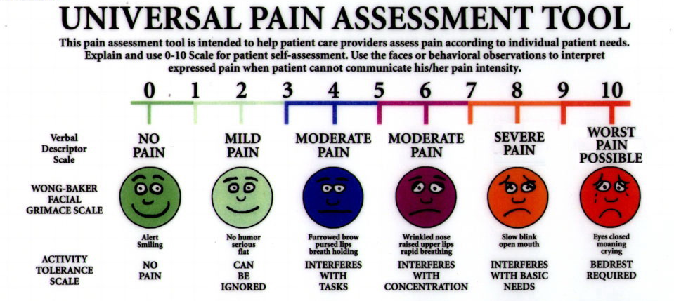 A table that shows the Universal Pain Assessment Tool. The table is divided into three columns and three rows. The first column is labeled "Verbal Descriptor Scale" and the second column is titled "Wong-Baker Facial Grimace Scale". <br /><br />There are six red circles on the table each representing a different type of pain. The circles are arranged in a grid-like pattern with each circle having a different color. The colors range from light blue to dark blue with some being red orange yellow green and purple. The text above the circles reads "Worst Pain Possible" and below the circles there is a text that reads "Interferes with Basic Needs".<br /><br />Overall the table provides information about the Universal Pain Assessment Tool and how it can help patients assess their pain according to individual patient needs.