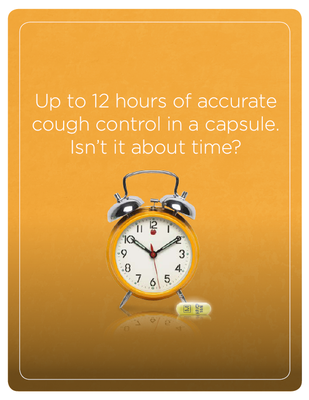 An advertisement for an alarm clock. The background is a solid orange color and the alarm clock is in the center of the image. The clock has a white face with black numbers and hands and two bells on either side. Above the clock there is text that reads "Up to 12 hours of accurate cough control in a capsule. Isn't it about time?" The text is in black and is in a modern sans-serif font. The overall design is simple and minimalistic.