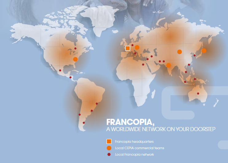 A world map that shows locations associated with Francopia a company that manufactures and processes drugs in pharmaceutical preparations for human and veterinary use. The map is in a light blue color and shows the continents and oceans of the world. There are orange dots scattered across the map indicating the locations. The text on the image reads "Francopia: A Worldwide Network on Your Doorstep". Below the map there is a list of local CEPIA commercial teams and their respective locations.