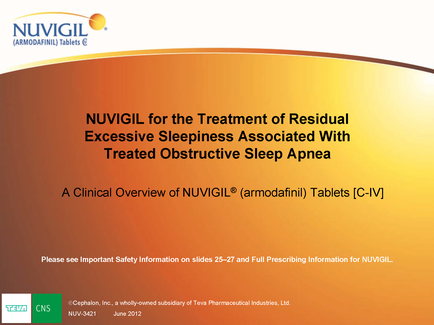 A slide from a presentation on the treatment of residual excessive sleepiness associated with treated obstructive sleep apnea. The slide has an orange background with white text. The title of the slide is "vigil for the Treatment of Residual Excessive Sleepiness Associated With Treated Obstructive Sleep Apnea". Below the title there is a clinical overview of the treatment which is "armodafinil (C-IV)". The slide also includes a note that reads "Please see Important Safety Information on slides 25-27 and Full Prescribing Information for vigil". There is also a logo of the company "vigil" on the top left corner. The date "June 2012" is also visible on the slide.