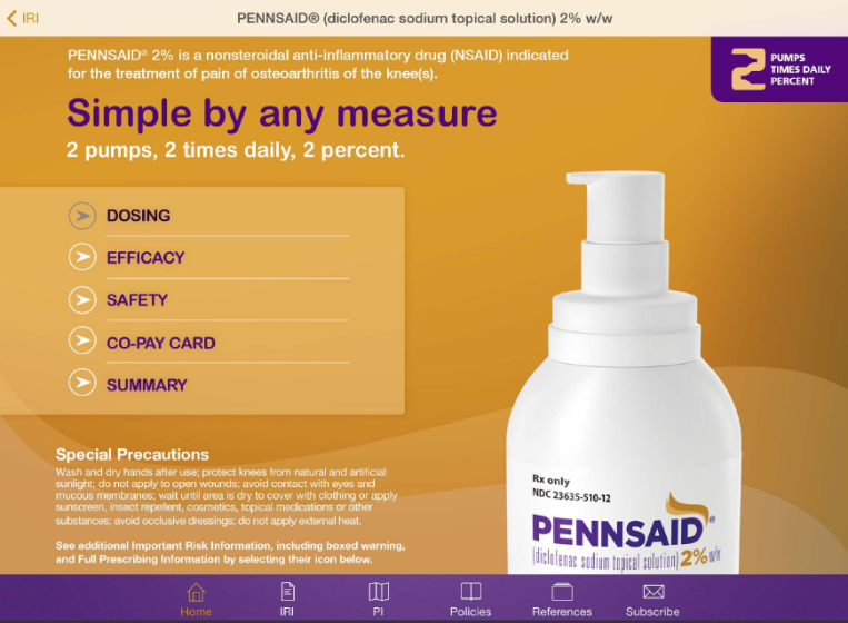 An advertisement for Pennsaid a medication used to treat pain of osteoarthritis of the knee. The advertisement features a white bottle with a pump dispenser on the right side. The bottle is labeled with the brand name "Pennsaid" and the product name "2%". On the left side of the image there is a text that reads "Simple by any measure" and below it there are two options - "Dosing" "Efficiency" "Safety" and "Co-Pay Card". The text also mentions that the medication is 2 pumps 2 times daily and 2 percent. The background of the advertisement is orange and the text is in black.