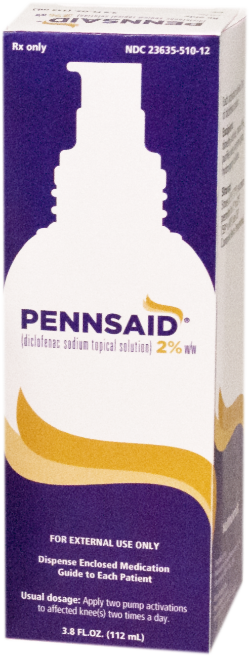 Of a purple and white box with the brand name "PENNSAID" written in bold white letters on the front. The box is rectangular in shape and has a white cap on top. The label on the box reads "2% ww" and "For external use only" in smaller white letters. Below the label there is a description of the product which states that it is a dispenser enclosed medication guide to each patient. The product is 3.8 fl. oz. (112 ml) in size. The background of the box is white.