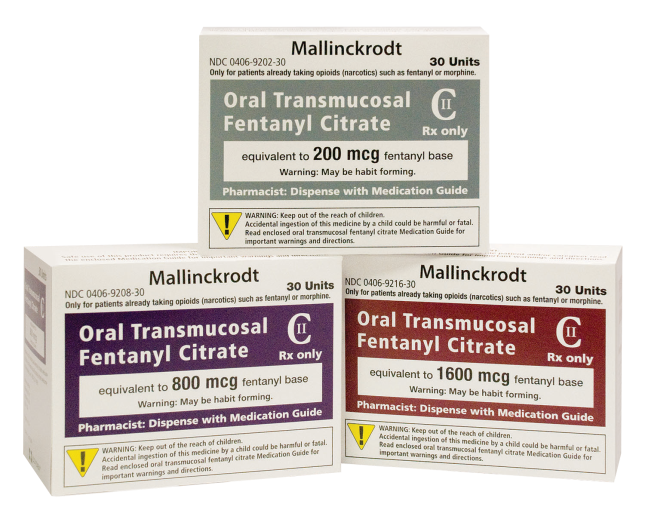 Three boxes of Mallinckrodt Oral Transmucosal Fentanyl Citrate. The boxes are white with purple and red text. The top box has the brand name "Mallinckrodt" written in bold letters at the top followed by the product name "Oral Transmucosal fentanyl Citrate" in smaller letters. Below that there is a description of the product which states that it is equivalent to 200 mcg fentanyl base and is suitable for use with medication guide. The bottom box has a warning label that reads "Pharmacist Dispense with Medication Guide". The boxes appear to be new and unused.