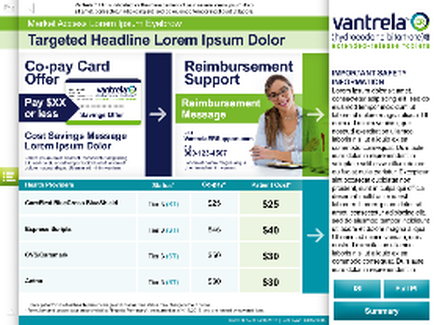 A screenshot of a website called cantrell. The website has a targeted headline with the text "Targeted Headline lore ipsus Dolor" at the top. Below the headline there is an image of a woman with long brown hair and glasses smiling at the camera. On the left side of the image there are two sections of the website. The first section is titled "Co-pay Card Offer" and has a blue header with white text. The second section has a green header with the company's logo and contact information. The third section has the company name and contact details. At the bottom of the page there has a table with three columns - "Pay SXX" "Reimbursement Support" and "Cost Burning Massage". The table has three rows and three columns with the first row showing the cost burning massage the second row showing a cost burning massage and the third row displaying the cost of the massage. There is also a button at the bottom right corner that says "Continue".