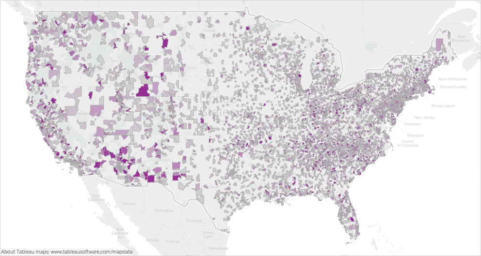 A color-coded map of the United States of America with different shades of purple representing different areas of the country. The majority of the map is white while the rest of the states are colored in shades of gray.<br /><br />The map is overlaid on a white background with the majority of purple areas being the most prominent. The purple areas are scattered across the map with some areas being darker and others being lighter. The darker areas are more densely populated while some areas are lighter and more sparsely populated. There are also some areas that are more populated such as cities towns and other geographical features. Overall the map appears to be a visual representation of the population density of each state in the US.