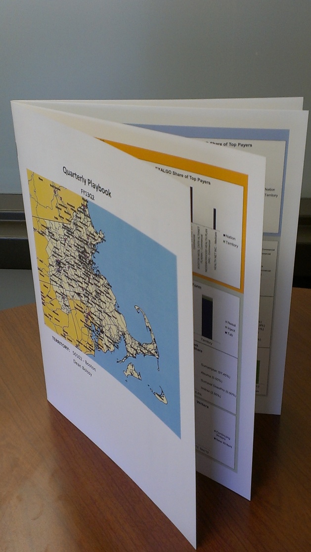 A white binder with a yellow and blue cover. The cover has a map of the United States on it and the title "Quarterly Playbook" written in bold black letters. The map is divided into different sections each with a different color scheme. <br /><br />On the right side of the binder there is a page with information about the contents of the booklet. The page lists the title author's name and other relevant information. The binder is resting on a wooden table against a white wall.