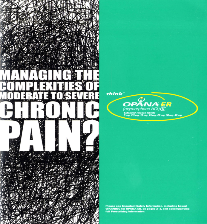 A book cover for a book titled "Managing the Complexities of Moderate to Severe Chronic Pain?". The cover is predominantly green with a black and white abstract design on the left side. The design is made up of thin black lines that create a chaotic pattern. On the right side of the cover there is a yellow circle with the word "OPANA ER" written in white. Below the circle there are two smaller circles with the same word written in black. The title of the book is written in large bold letters.