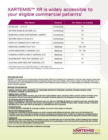 A document titled "XARTEMIS® XR is widely accessible to your eligible commercial patients". The document is divided into two sections. The top section is titled "Plan Name" and has a table with three columns. The first column lists the name of the company the company name and the date of the plan. The second column has the company's logo and contact information.<br /><br />The third column has a list of the following information:<br /><br />- Aetna Inc. (CT) - CT CT and CT. The company name is listed as "AETNA INC." The company's contact information is listed below the table. The table also has a section titled "Channel" which lists the channel's name and the channel number. The channel number is "T3".<br /><br />At the bottom of the document there is a note that reads "Please see important information contained on the next page."<br /><br />Overall the document appears to be a document that provides information about the company and its services to commercial patients.