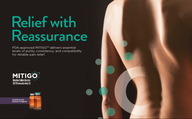 An advertisement for Mitigo a company that provides relief with reassurance. The background is black and the text is in white and green. On the right side of the image there is a close-up of the back of a person's body with their back facing the viewer. The person's skin appears to be smooth and toned and there are several green circles scattered around the image. The text on the image reads "Relief with Reassurance" and "FDA-approved MITIGO delivers essential levels of purity consistency and compatibility for reliable pain relief." On the left side there are two small orange bottles of Mitigo products. The Mitigo logo is also visible in the bottom left corner.