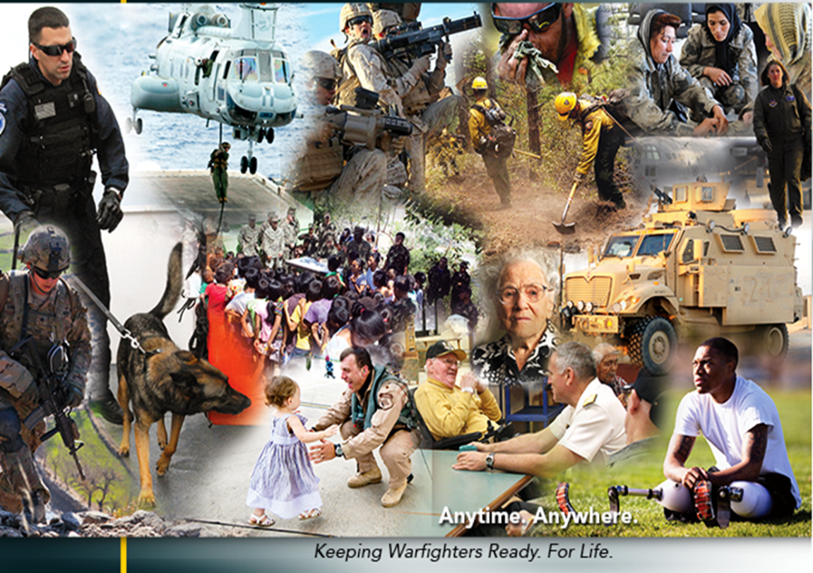 A collage of multiple photos that represent different aspects of warfighting. <br /><br />The top left photo shows a group of soldiers in full combat gear including a helicopter a police officer and a dog. The helicopter is flying over a body of water and there is a crowd of people in the background. The people are wearing helmets and protective gear and some are holding guns.<br /><br />In the center of the collage there are several military vehicles including an armored vehicle a tank and an armored personnel carrier. On the right side of the image there is an older man sitting on the ground holding a clipboard and looking at a young girl who is standing in front of him. The girl is wearing a blue dress and appears to be interacting with the soldiers. The text on the image reads "Keeping Warfighters Ready. For Life."<br /><br />Overall the image conveys a sense of urgency and determination as if the soldiers are ready to take on any challenge that comes their way.