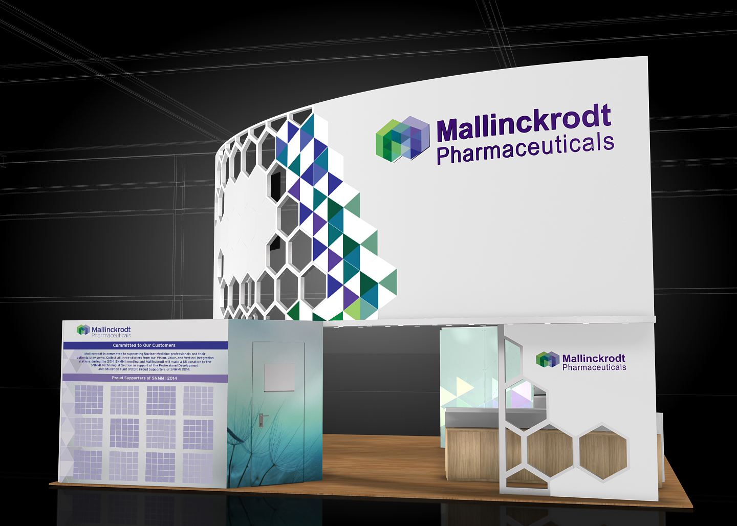 A 3D rendering of a trade show booth for Mallinckrodt Pharmaceuticals. The booth is white with a curved design and a large banner that reads "Mallinckrodt Pharmaceuticals" in purple and green letters. The banner also has a geometric pattern of blue green and white hexagons. On the left side of the booth there is a blue and white banner with the company's logo and contact information. <br /><br />The booth is set up on a wooden platform with a black background. There is also a small table with a white tablecloth and a blue tablecloth on it. The overall design is modern and professional with a focus on the company and its products.