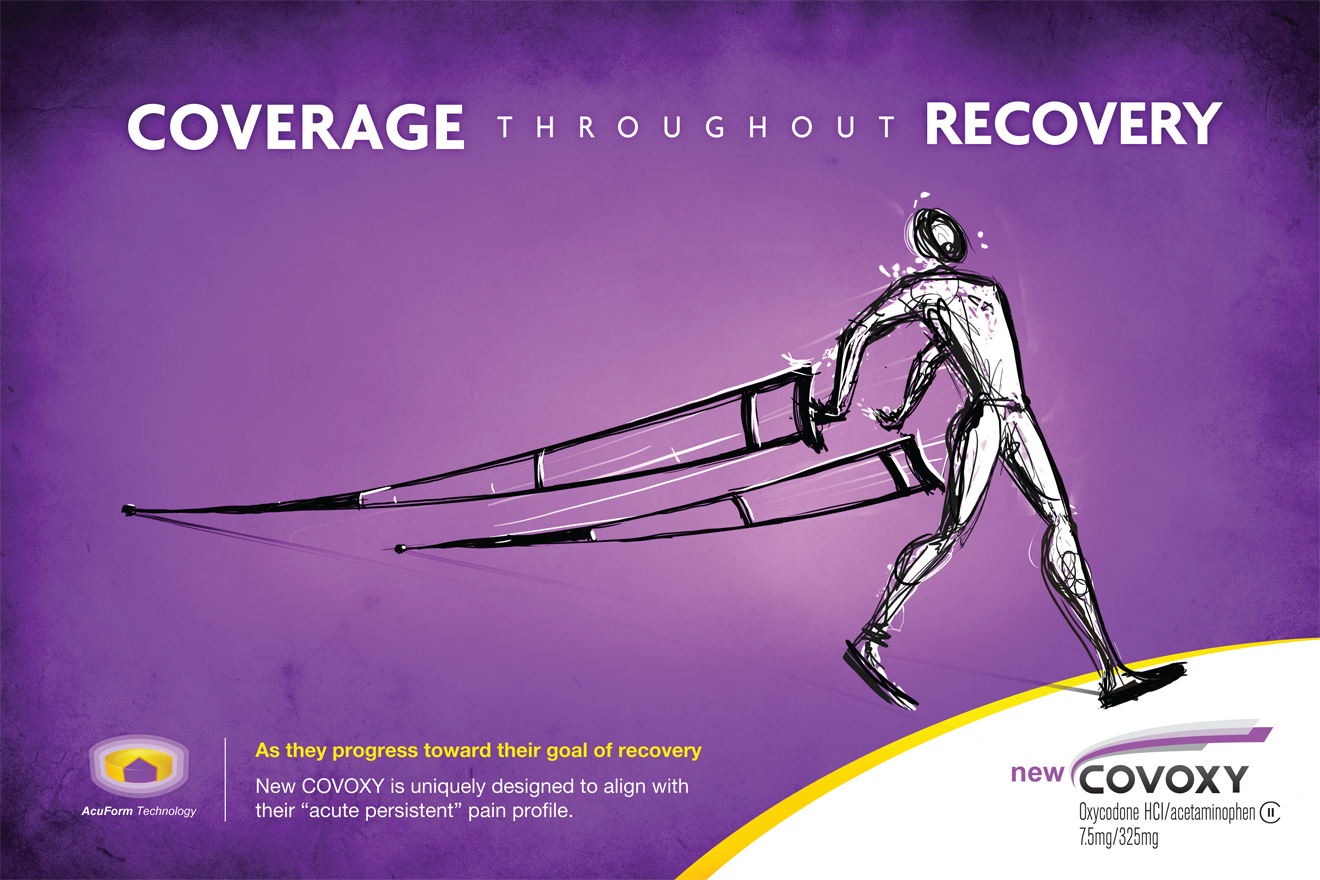 An advertisement for New Covoxy. The background is a gradient of purple and yellow with the company's logo in the top left corner. In the center of the image there is a black and white illustration of a person walking with a long curved object in their hand. The person appears to be in motion with their arms and legs stretched out in front of them. The object is made up of multiple lines and curves creating a sense of movement and energy. The text above the illustration reads "COVERAGE THROUGHOUT RECOVERY" in bold white letters. Below the illustration it reads "As they progress toward their goal of recovery" in smaller black letters. The company's name is written in smaller white letters at the bottom right corner.