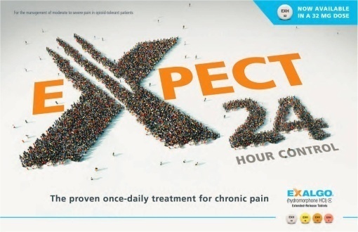 An advertisement for Exalgo an opioid for the treatment for chronic pain. The text reads "Expect 24 hour control : Exalgo - The proven once-daily treatment for chronic pain" and "Now available in a 32 mg dose". The background is white with text is in orange and black. <br /><br />The "X" and the "24" are both formed by groups of people like a pointillist collage. The overall design of the advertisement is modern and eye-catching.